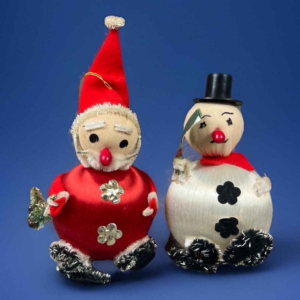 Vintage Christmas Ornament Snowman And Santa Satin Ball Figure 1970's